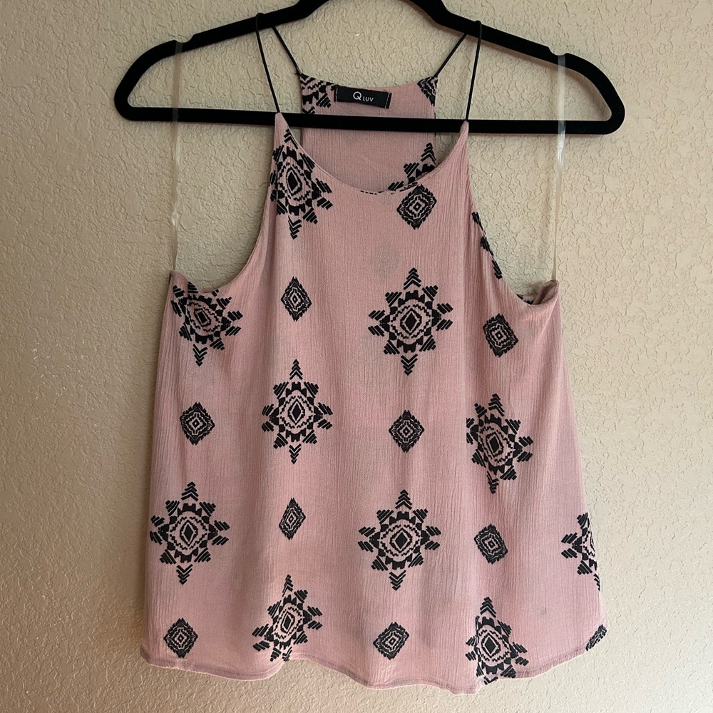 Light Pink Patterned Strappy Halter Tank Top